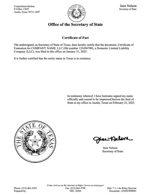USA Texas certificate of fact Word and PDF template